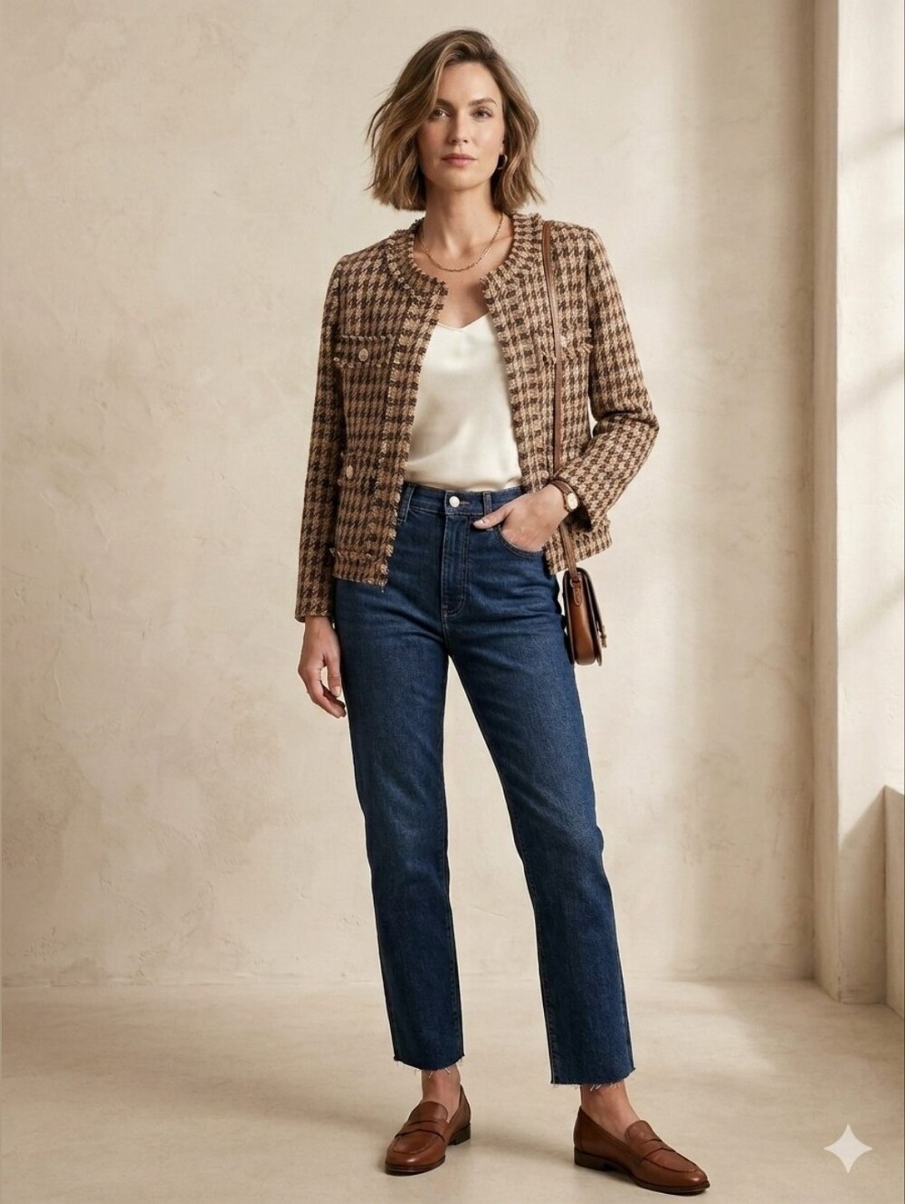 NWT Nanette Lepore Houndstooth Fringe Tweed Blazer Jacket Brown L SRP- USD138